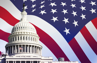 the US Capitol in Washington with the American flag waving in the background.