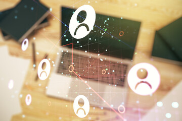 Double exposure of social network icons concept with computer on background. Networking concept