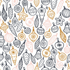 Christmas toy seamless pattern. Hand drawn doodle christmas toys background. Retro holiday wraping paper. Vector monochrome pattern.