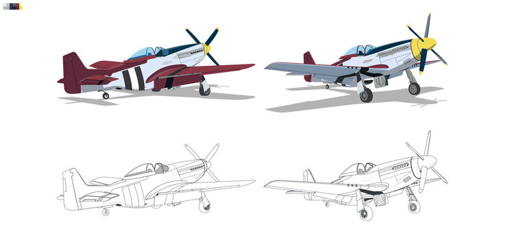 Piston aircraft on landing gear. Front and back view. The plane is ready to take off. Military fighter in vector style. High quality drawing. Painting of the aircraft. Vector illustration EPS 10