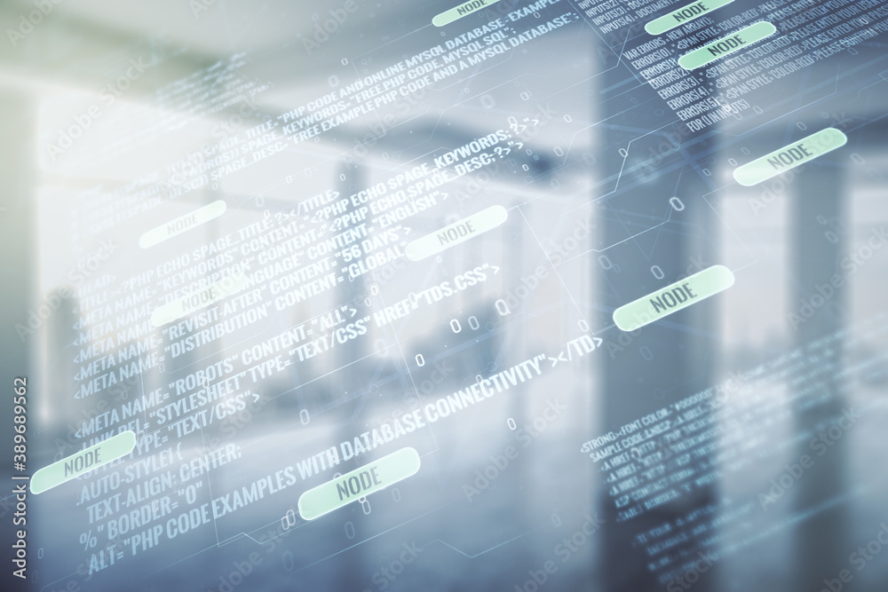 Poster double exposure of abstract programming language interface on empty modern office background, resear
