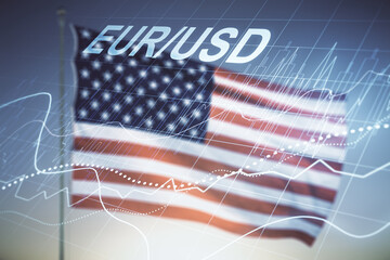 Abstract virtual EURO USD financial chart illustration on USA flag and sunset sky background. Trading and currency concept. Multiexposure