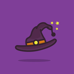 Illustration vector graphic of witch hat with a star. Purple background. Fit for halloween greeting card and trick or treat party invitation design.