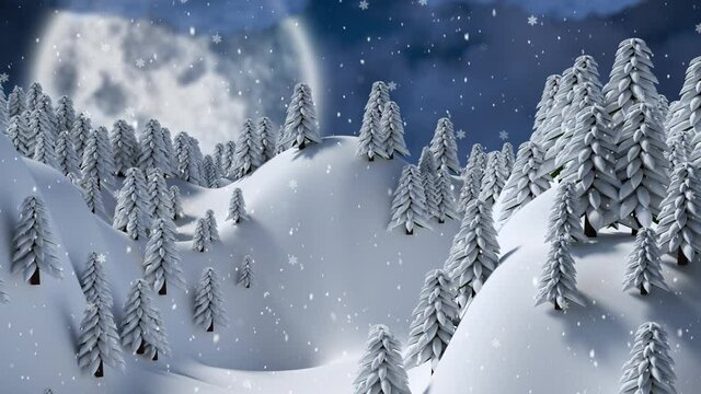 Animation of multiple fir trees and mountains with snow falling on blue background
