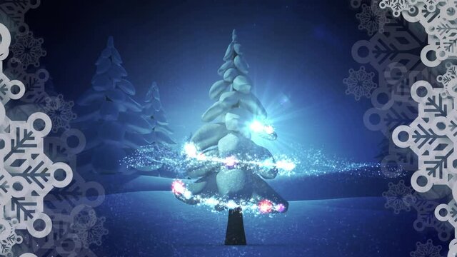 Animation of multiple snowflakes falling and glowing christmas tree with shooting star on blue backg