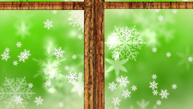 Animation of christmas presents and snow falling seen through window on green background