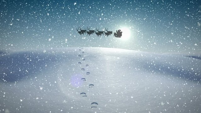 Animation of black silhouette of santa claus in sleigh being pulled by reindeer with snow falling an