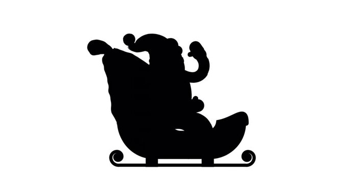 Animation of black silhouette of santa claus in sleigh waving on white background