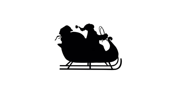 Animation of black silhouette of santa claus in sleigh on white background