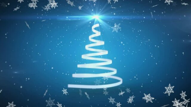 Animation of multiple snowflakes falling and glowing christmas tree on blue background