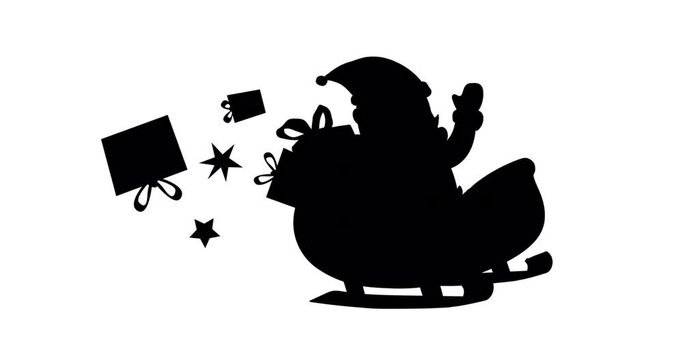Animation of black silhouette of santa claus in sleigh waving and presents falling out on white back