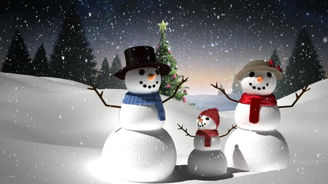 Animation of winter scenery with three happy snowmen