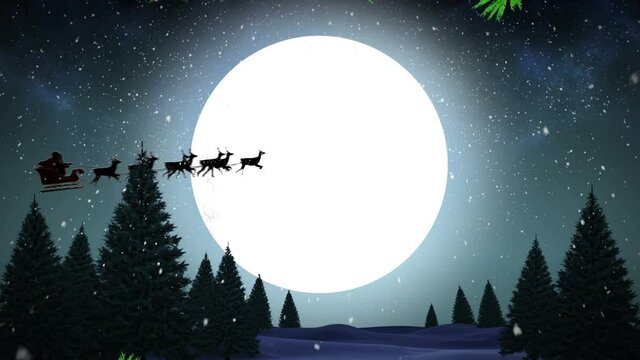 Animation of black silhouette of santa claus in sleigh being pulled by reindeer