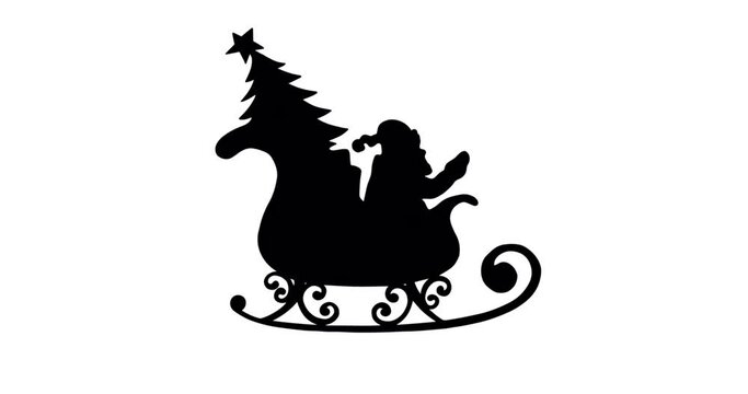 Animation of black silhouette of santa claus in sleigh with christmas tree on white background