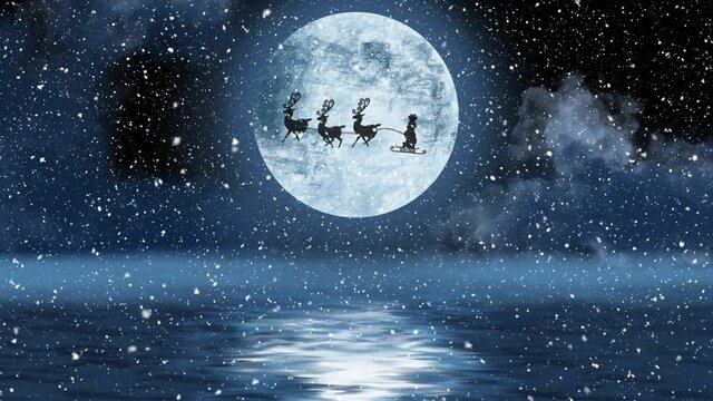 Animation of silhouette of santa claus in sleigh pulled by reindeer with snow falling and full moon