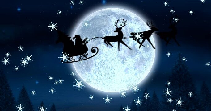 Animation of silhouette of santa claus in sleigh being pulled by reindeer with snow falling and full