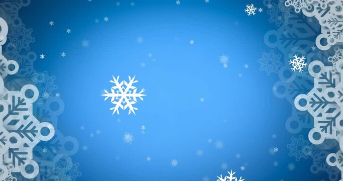 Animation of christmas decorations and snowflakes falling on blue background