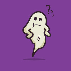 Illustration vector graphic of confused ghost. Purple background. Fit for halloween greeting card and trick or treat party invitation design.