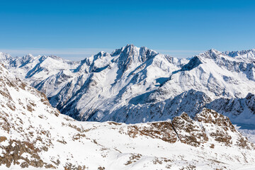 View of the snow-capped peaks of the Alps from a height of 2750 m