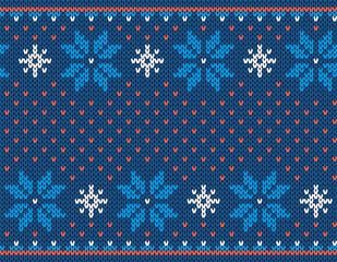 Christmas seamless print. Knit pattern. Vector. Blue knitted sweater texture. Xmas winter geometric ornament . Holiday fair isle traditional background. Wool pullover illustration. Festive crochet.