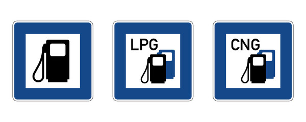 Petrol station with LPG and CNG road sign. Vector illustration with blue square traffic signs with fuel pump icon inside. Filling station symbol used in Germany isolated on background.