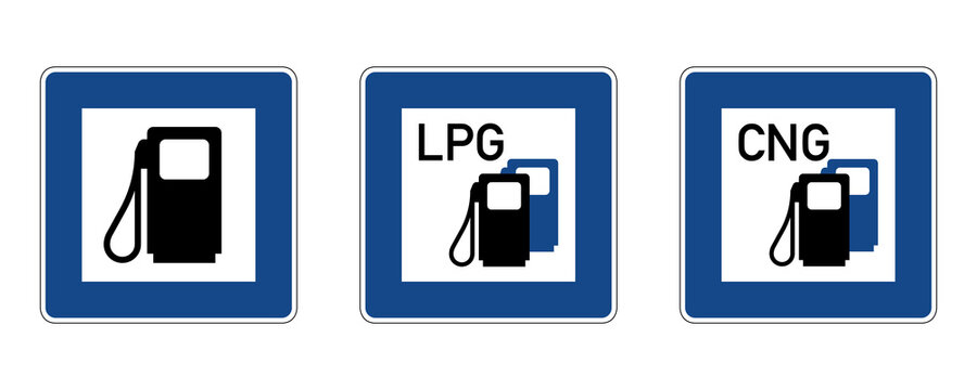 Petrol Station With LPG And CNG Road Sign. Vector Illustration With Blue Square Traffic Signs With Fuel Pump Icon Inside. Filling Station Symbol Used In Germany Isolated On Background.