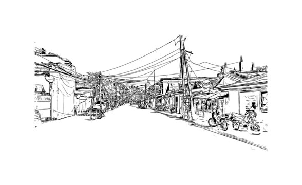 recommend clip art: Building view with landmark of Catbalogan is the capital of the province of Samar, Philippines. Hand drawn sketch illustration in vector.