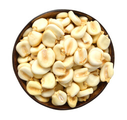 Giant corn on wooden bowl on white