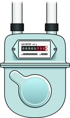 A domestic gas meter. Shown front-on with connecting pipes.