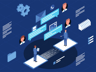 Isometric vector illustration of traffic arbitrage, a business model in which media buyers buy traffic at a lower cost