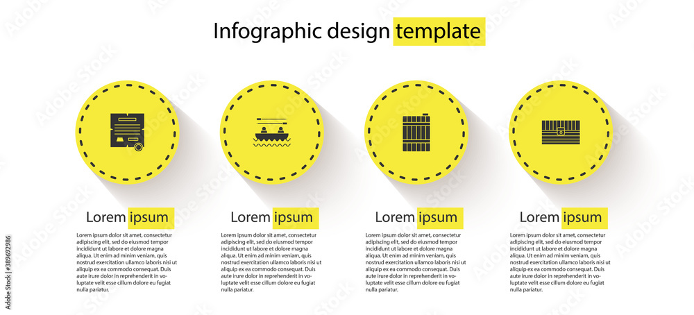 Canvas Prints Set Decree, parchment, scroll, Boat with oars, Wooden barrel and Antique treasure chest. Business infographic template. Vector.