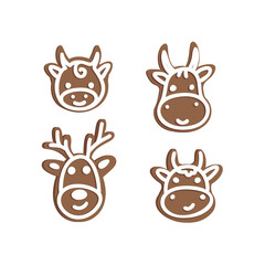 Vector illustration. New Year and Christmas chocolate gingerbread with the image of a bull and a deer. Food for the winter holidays. Holiday 2021. Hand drawn and cartoon style.