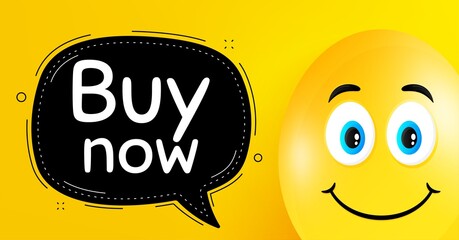 Buy Now. Easter egg with smile face. Special offer price sign. Advertising Discounts symbol. Easter smile character. Buy now black speech bubble. Yellow egg background. Vector