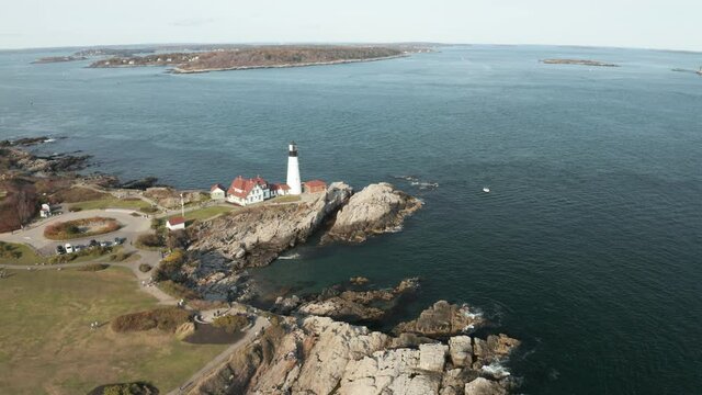Aerial shot of Portland Maine Head Light, Cushing Island in background
