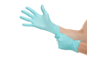 Doctor hands with blue surgical gloves isolated on white background. Medical staff protective gear...