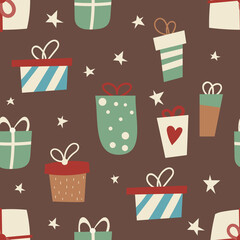 Seamless pattern for Christmas design in Scandinavian style. Christmas gift packs and presents. Vector illustration for packaging. Pattern is cut, no clipping mask.