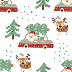 Seamless pattern for Christmas design in Scandinavian style. Christmas woodland deer and Santa in gifts car. Vector illustration for packaging. Pattern is cut, no clipping mask.