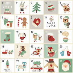 Advent calendar with cute scandinavian woodland animals, Santa Claus, Christmas elements. Printable vector illustration. Square format.