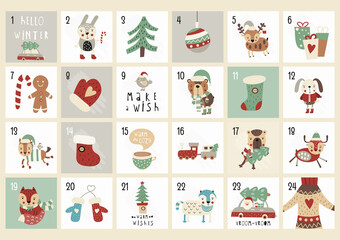 Advent calendar with cute scandinavian woodland animals, Santa Claus, Christmas elements. Printable vector illustration.