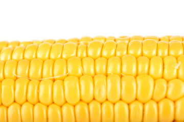 Close-up shot of a peeled ripe corncob isolated on white background.