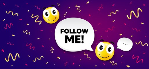 Follow me symbol. Smile face with speech bubble. Special offer sign. Super offer. Smile character with confetti. Follow me speech bubble icon. Yellow face background. Vector