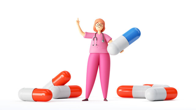 3d render. Woman doctor or pharmacist cartoon character with big pills. Medical healthcare illustration. Pharmaceutical clip art isolated on white background.