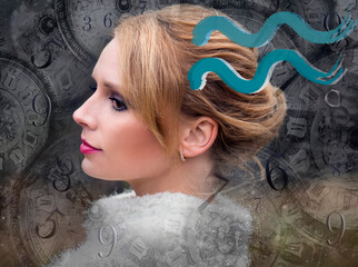 Astrological symbol of the horoscope Aquarius and portrait of a woman
