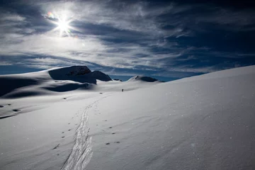 Fotobehang person ski touring in the swiss alps © Graham