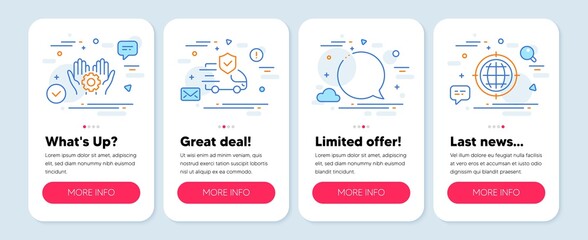 Fototapeta premium Set of line icons, such as Transport insurance, Employee hand, Speech bubble symbols. Mobile screen mockup banners. Seo internet line icons. Full coverage, Work gear, Chat message. Globe. Vector