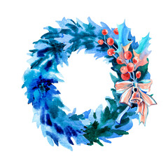 Watercolor illustration of a Christmas wreath with a sprig of holly bow and bell. Design for postcards, invitations, holiday packaging, labels, printing on clothes, website.