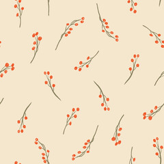 Christmas botanicals seamless pattern - red berries and twig - for fabric, wrapping, textile, wallpaper, background.