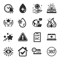 Set of Technology icons, such as Freezing water, Website education, 360 degrees symbols. Oil serum, Ranking, Employee hand signs. Artificial intelligence, Online test, Fire energy. Vector