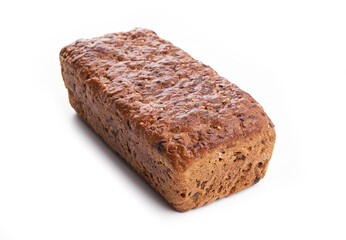 Loaf Of Whole Grain Bread. Detailed close-up of sliced grain bread on white background. Homemade healthy bread. Bakery - gold rustic crusty loaves of bread and buns. Flat lay. Food concept. 