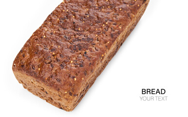 Loaf Of Whole Grain Bread. Detailed close-up of sliced grain bread on white background. Homemade healthy bread. Bakery - gold rustic crusty loaves of bread and buns. Flat lay. Food concept. 